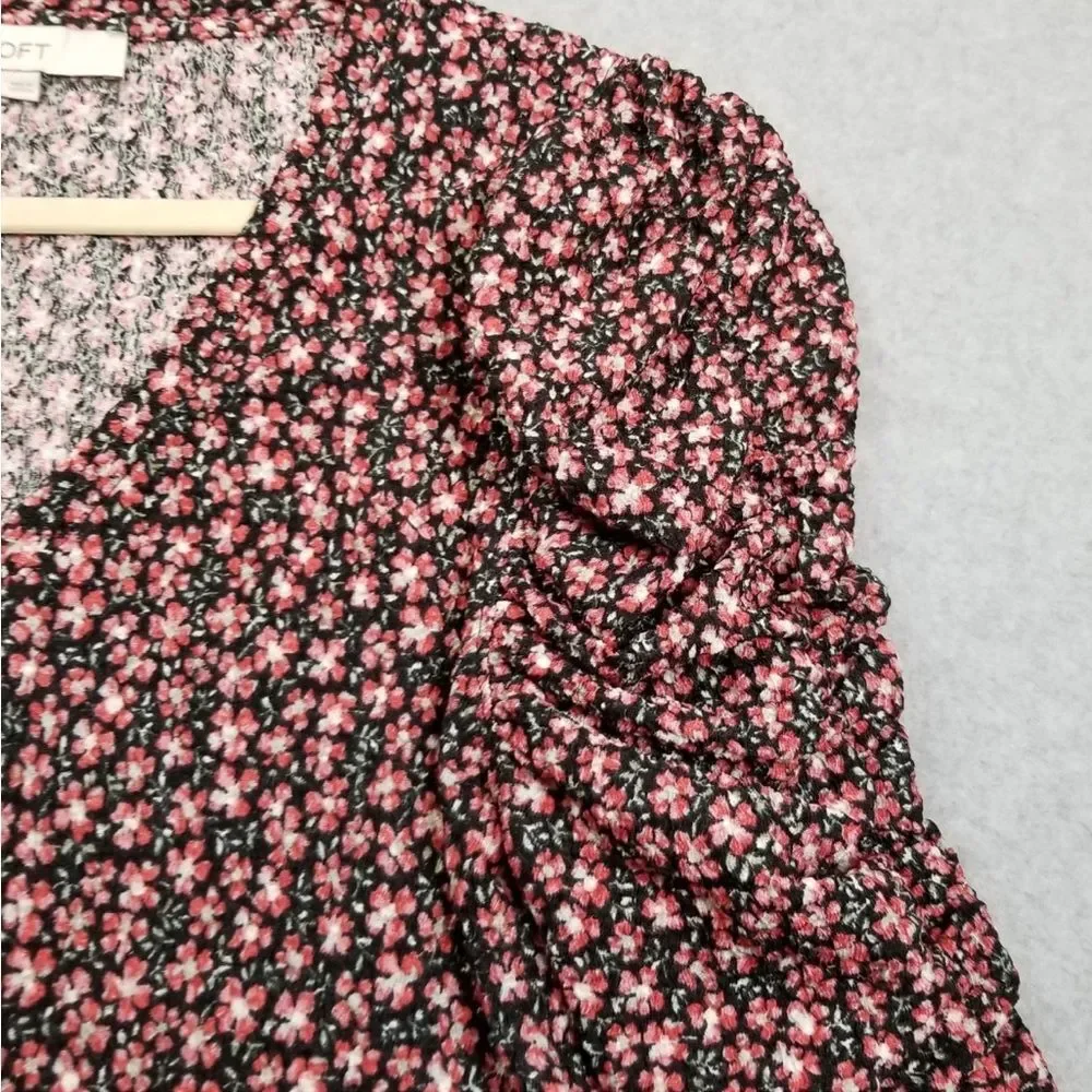 Ann Taylor Loft Floral Puff Sleeve V Neck Blouse Long Sleeve SP Small Petite